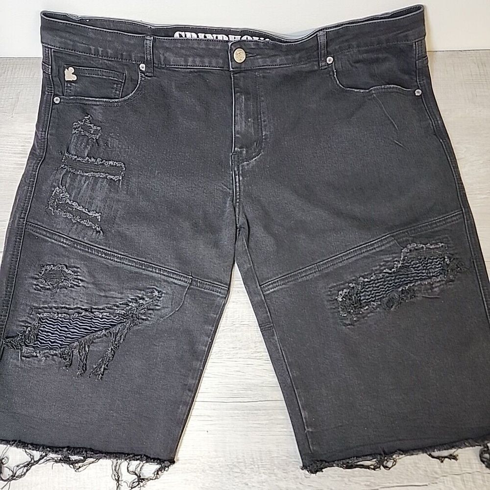 Grindhouse Denim Shorts Men 40 Black Urban Distressed Frayed Stretch Grunge Logo